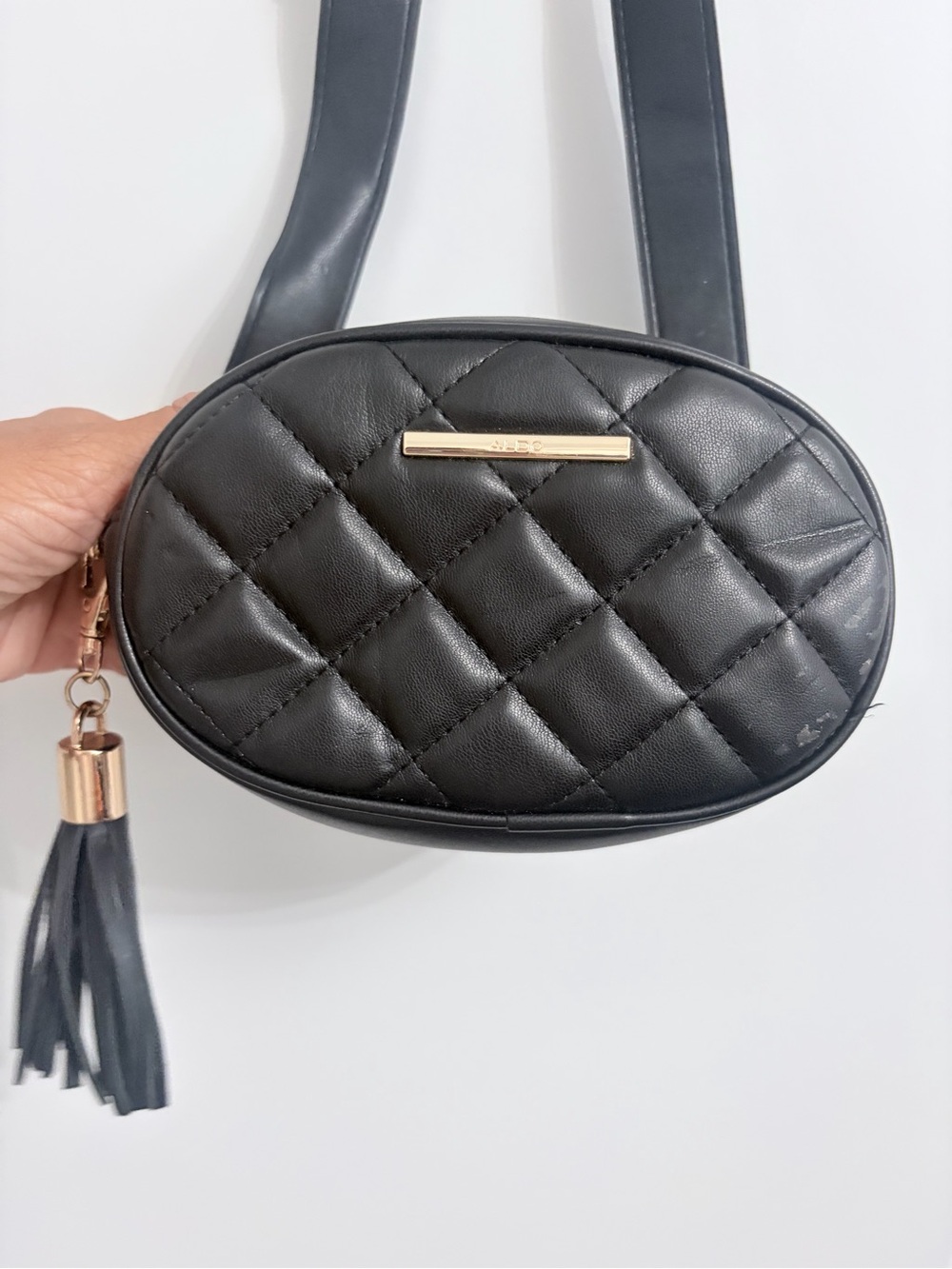 Aldo Black Quilted Oval Beltbag with Tassel and Gold Accent